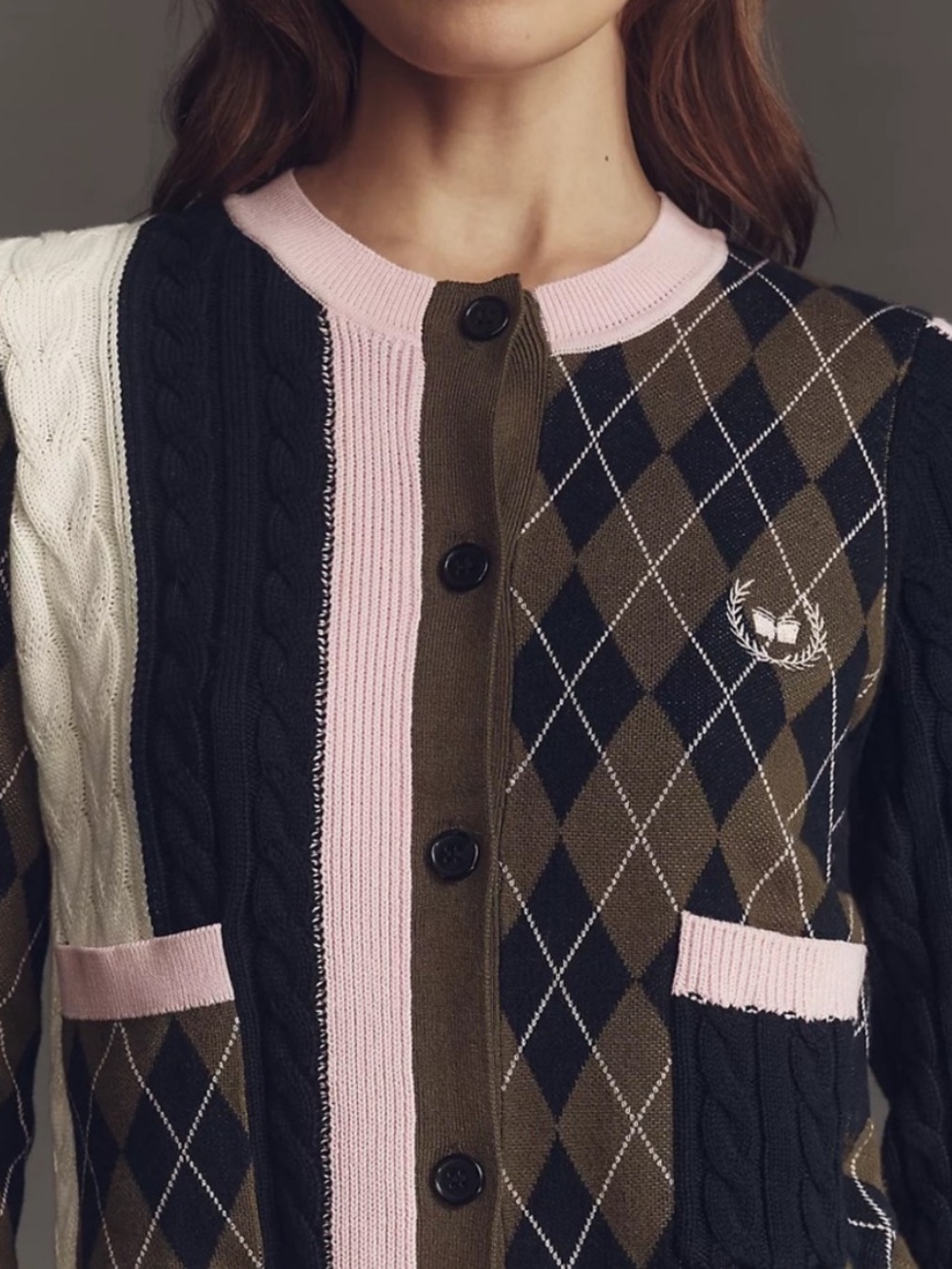 Maeve Olive, Black & Pink Argyle Knit Cardigan - Picture 3 of 9